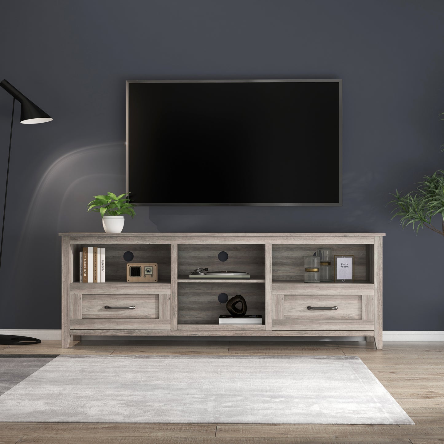 Sleek 70.08 Inch TV Stand with 2 Drawers and 4 Storage Compartments in Grey Walnut