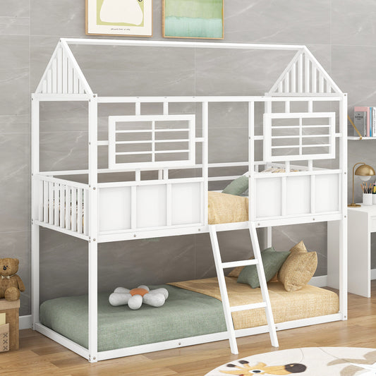 Rustic White Metal Twin Bunk Beds with Roof and Fence Guardrail