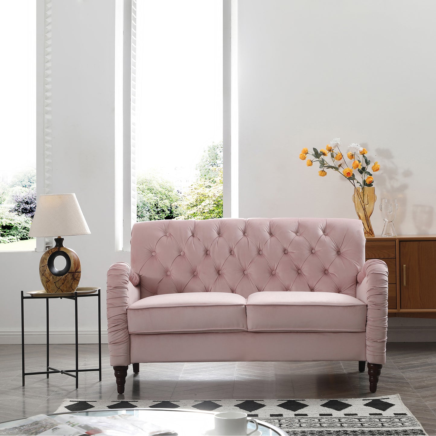 Pink Velvet Chesterfield 2-Seater Modern Sofa