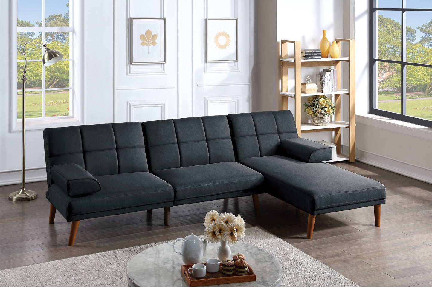 Contemporary Black Polyfiber 2pc Sectional Sofa Set with Adjustable Chaise