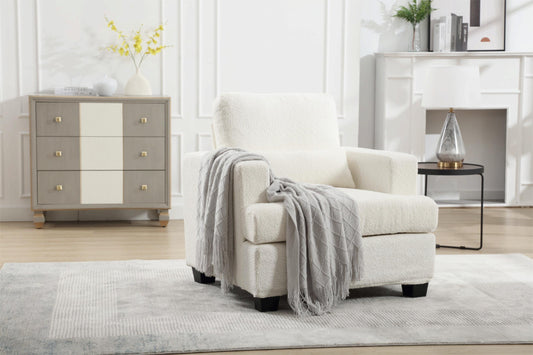 Contemporary 37 Modern Chair with Square Armrest, Removable Back Cushion, and Waist Pillow (White & Gray Fabric)