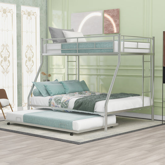 Silver Steel Bunk Bed Set with Twin Trundle and Two-Side Ladders