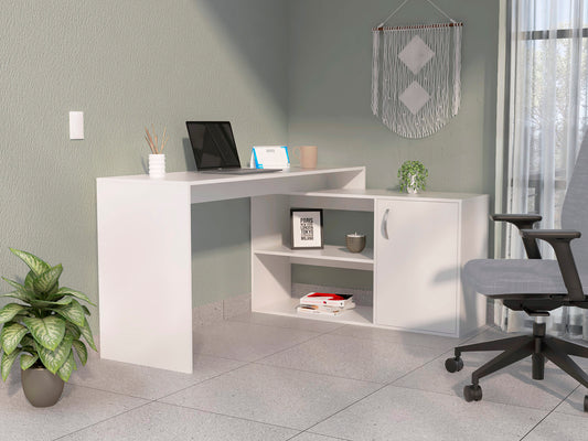 White L-Shaped Office Desk with Ample Storage Space and Functional Design