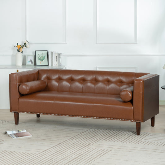 78.74 Brown Leather 3-Seater Sofa with Round Pillows