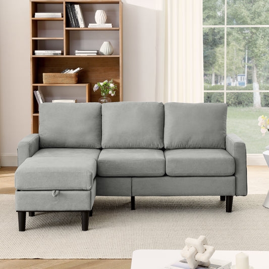 Upholstered Sectional Sofa Couch, L Shaped Couch With Storage Reversible Ottoman Bench 3 Seater for Living Room, Apartment, Compact Spaces, Fabric Light Gray