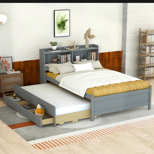 Full Size Bed with USB & Type-C Ports, LED light, Bookcase Headboard, Trundle and 3 Storage Drawers , Full Size Size Bed with  Bookcase Headboard, Trundle and Storage drawers ,Grey