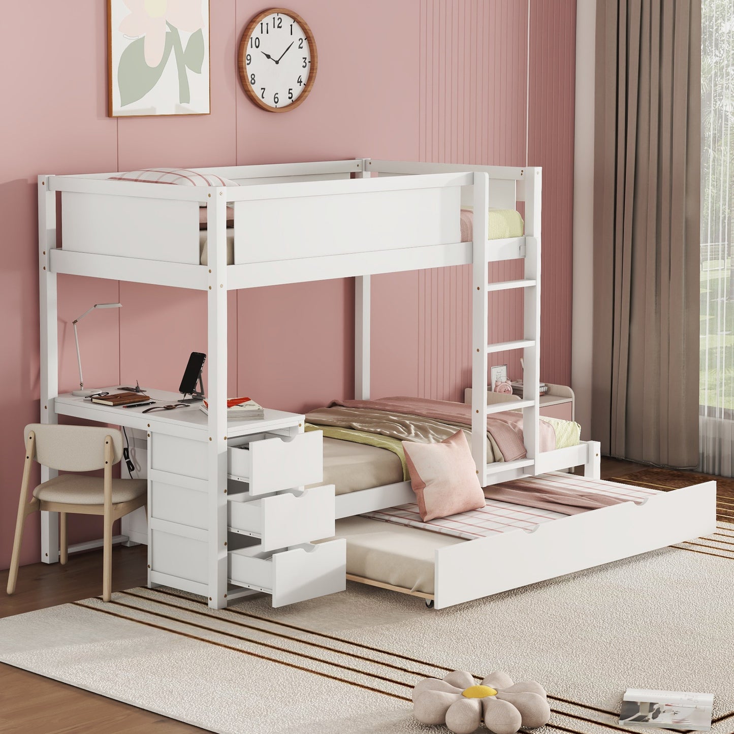 Twin Loft Bed with Trundle, Storage, Desk, and USB Outlets, White