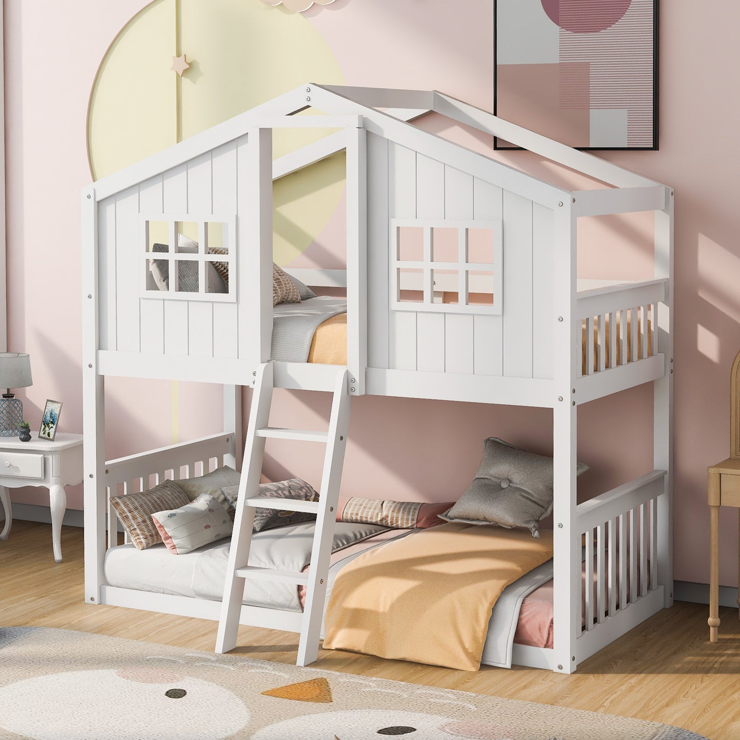 White Wood House Bunk Bed with Skylight - Twin Over Twin