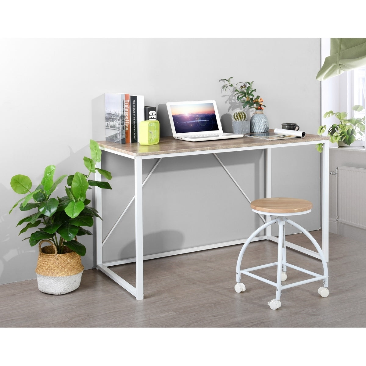 Minimalist Industrial Writing Desk with White and Oak Finish, Versatile Study Table