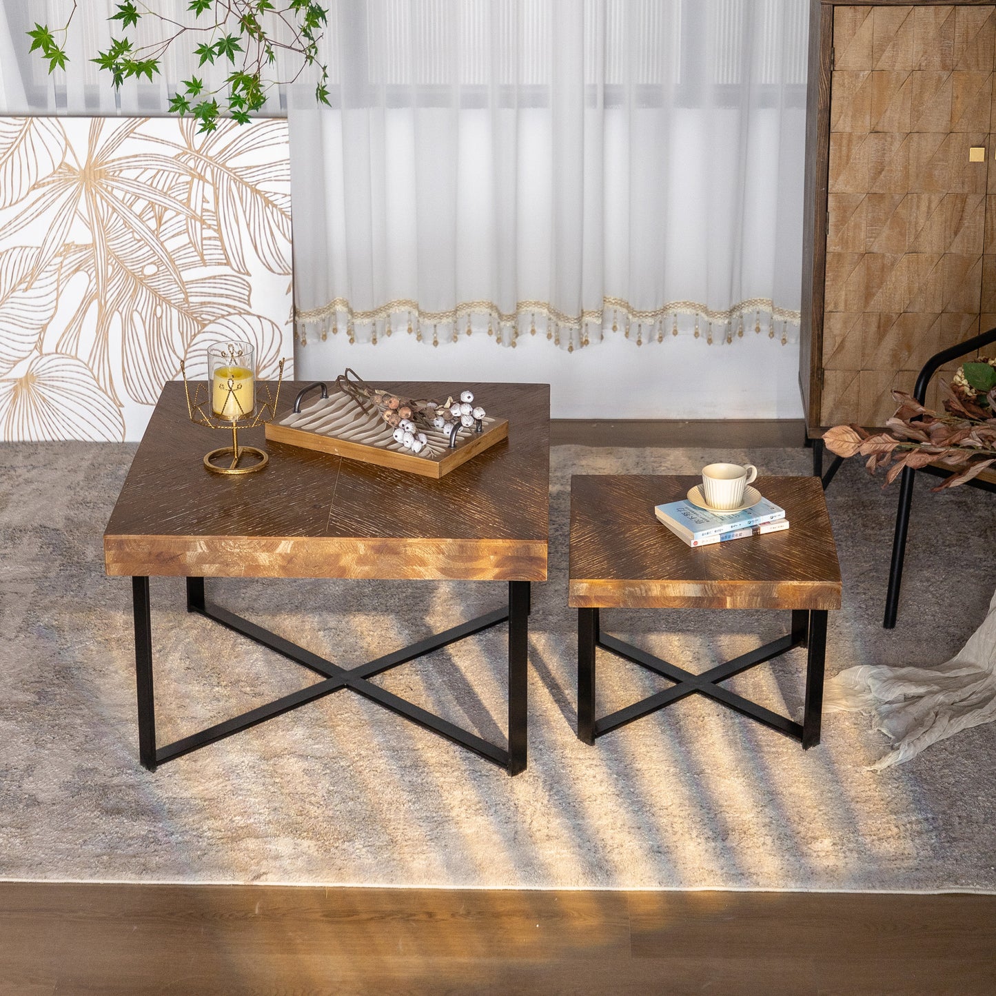 Modern Retro Fir Wood Coffee Table Set - Square Design with Cross Legs Metal Base