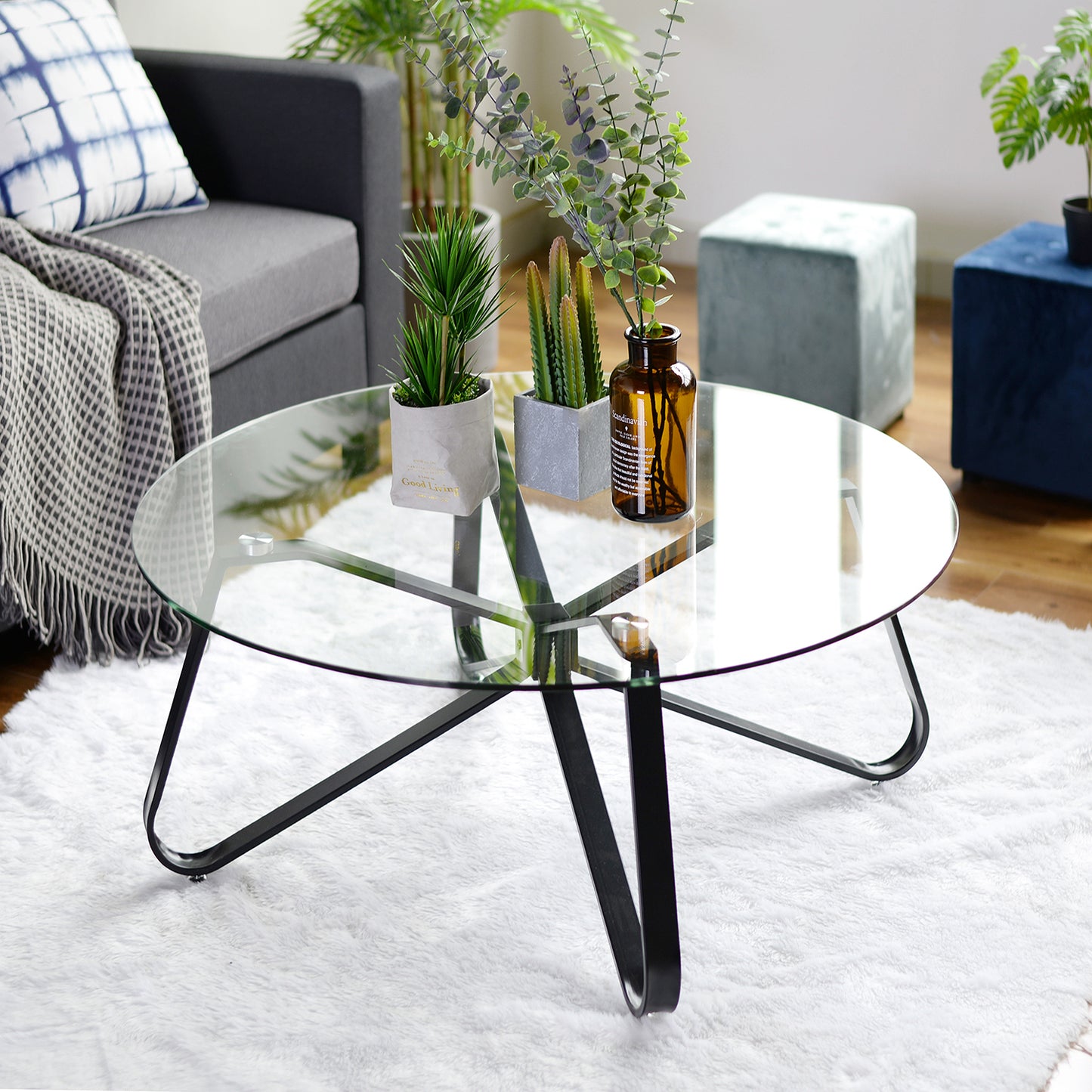 31.5-inch Tempered Glass Round Coffee Table with Metal Legs, Black