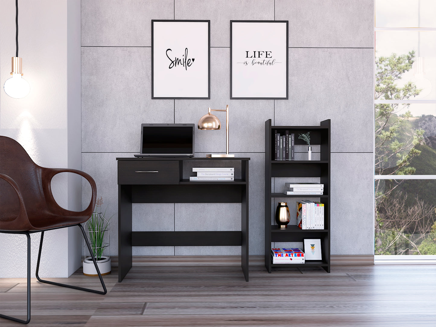 Vizcaya Black Home Office Set with Drawer, Keyboard Tray, and Bookcase