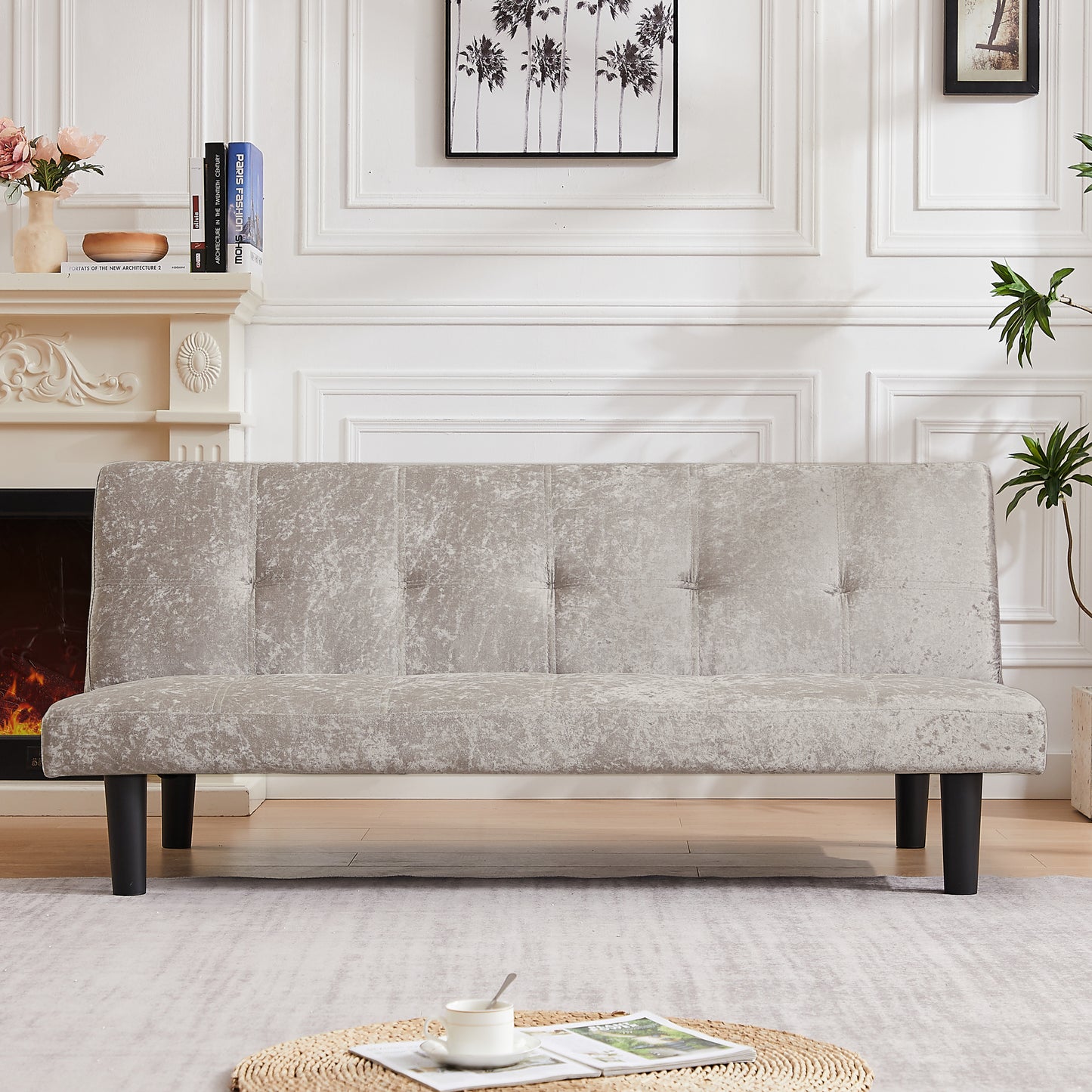 Modern sofa bed in iced velour, multi-position adjustable sofa bed, plastic feet