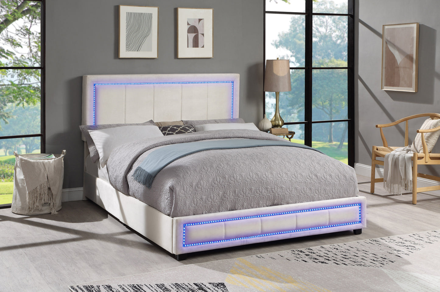 Upholstered Queen Size Platform Bed with LED Lights, Storage Bed with 4 Drawers, Beige color fabric