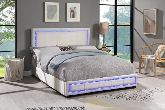 Upholstered Queen Size Platform Bed with LED Lights, Storage Bed with 4 Drawers, Beige color fabric