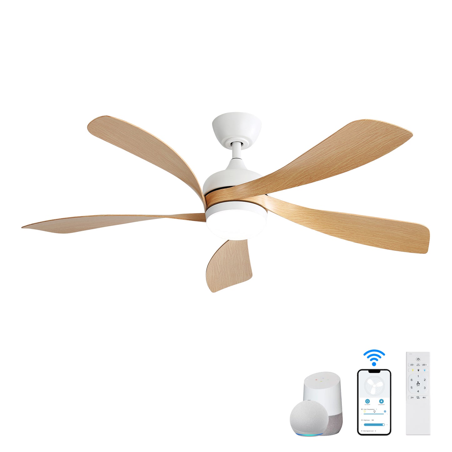 Silent 52 Inch Wooden Indoor Ceiling Fan with Smart LED Light and Reversible Motor for Bedroom