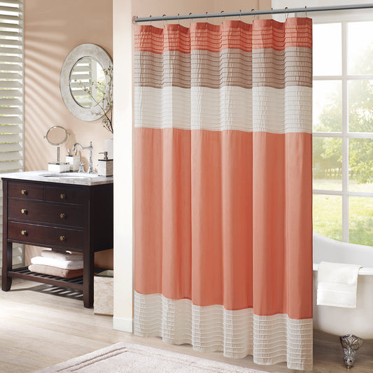 Coral Faux Silk Shower Curtain with Textured Pintuck Design