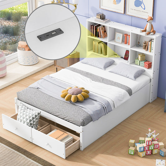 Full Size Platform Bed with Storage Headboard, Charging Station and 2 Drawers, White