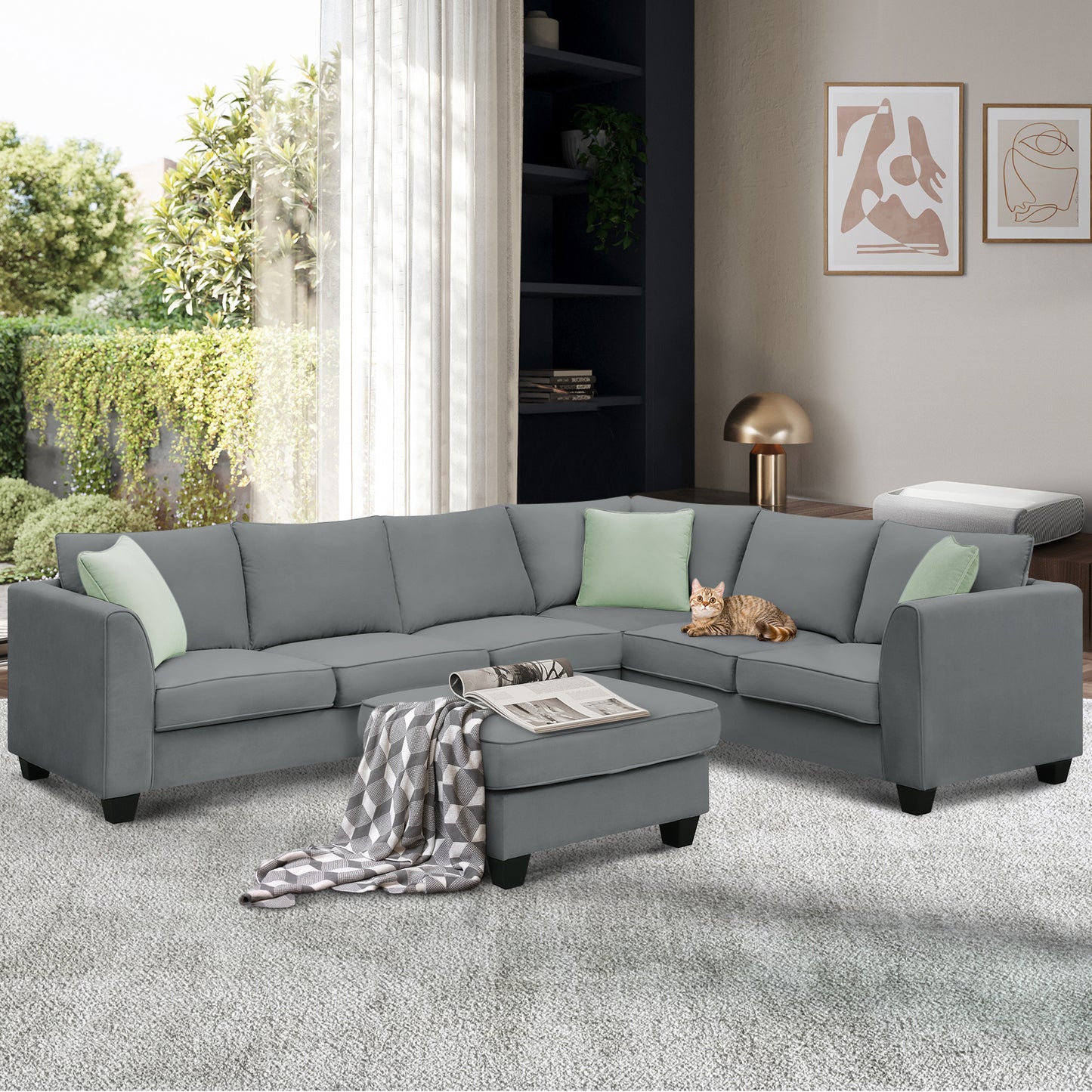 7-Seat Modular Sectional Sofa with Ottoman and Pillows - Grey (New GS008210AAG)