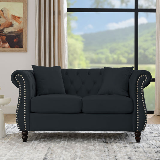 Chesterfield Sofa in Black Velvet with Rolled Arms and Nailhead Trim