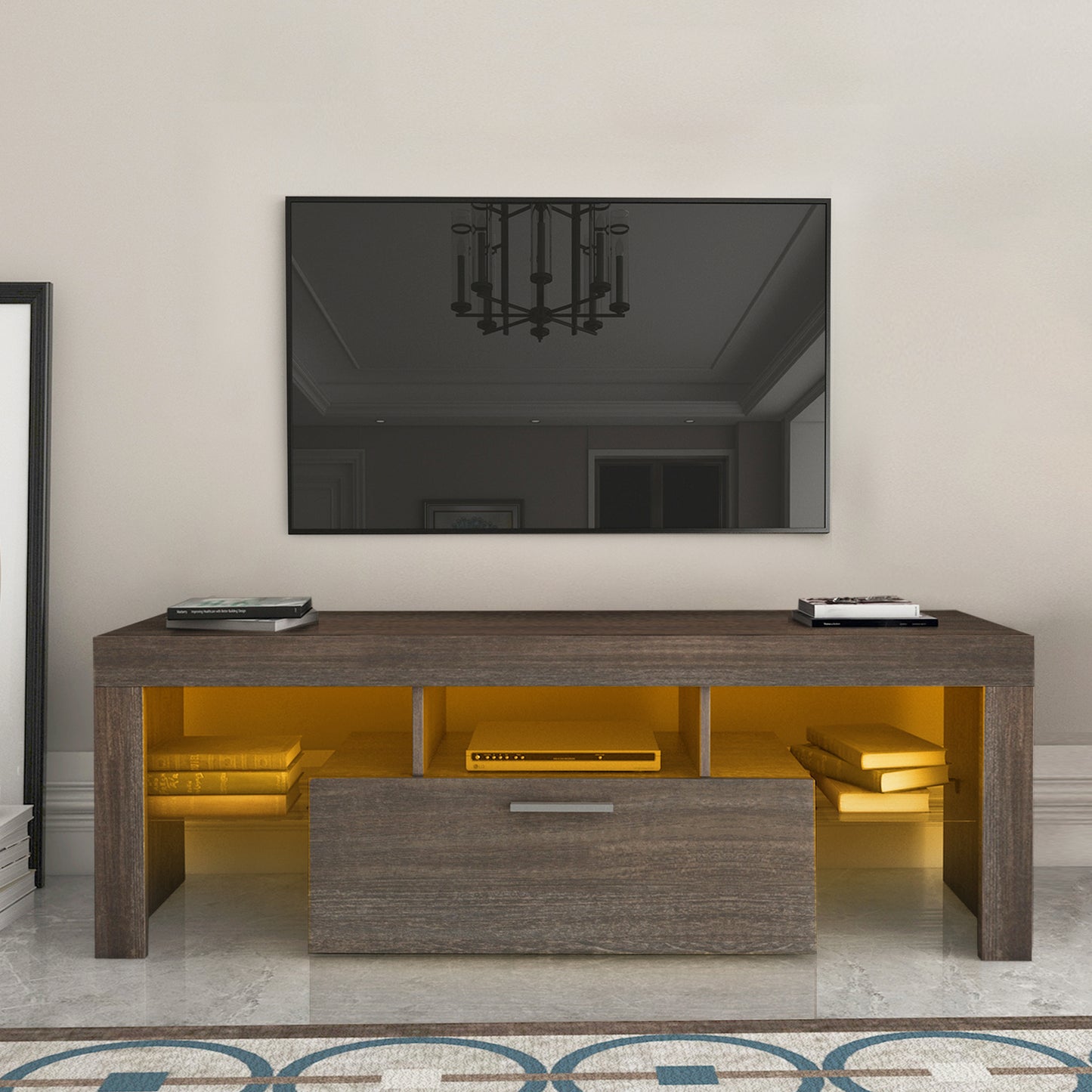 Quick Assembly Modern Brown TV Stand with LED Color Changing Lights and Toughened Glass Shelf