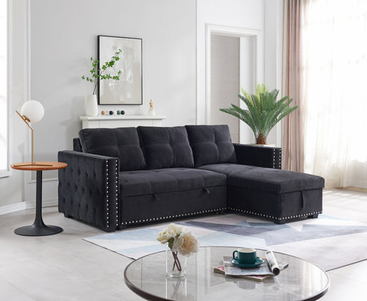 Elegant Black Sectional Sofa with Pull-Out Bed and Reversible Chaise