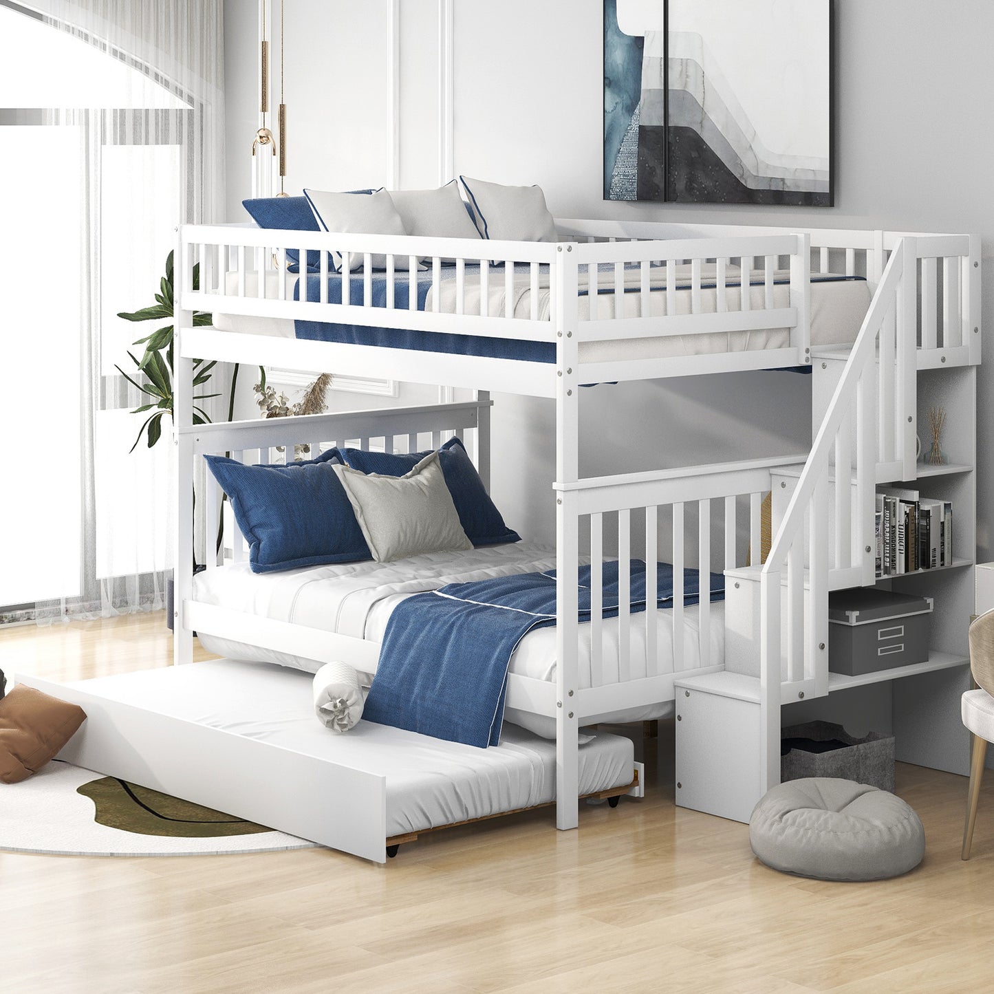 White Full over Full Bunk Bed with Trundle, Staircase, and Storage - Space-Saving Full Bunk Bed with Trundle