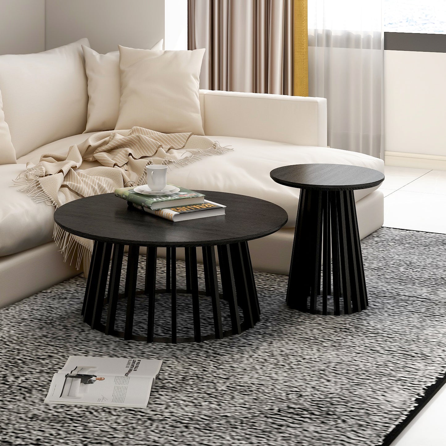 Elegant Set of 2 Round Coffee Tables with Grille Design, Ideal for Bedroom, Living Room, or Balcony