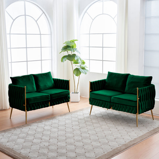 Handwoven Green Velvet Loveseat Set with Golden Metal Legs