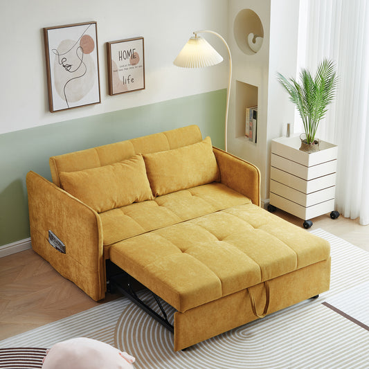 Chenille fabric pull-out sofa bed,sleeper loveseat couch with adjustable armrests-Yellow