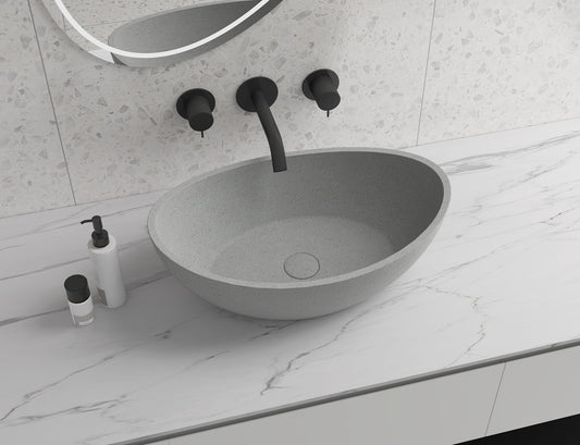 Oval Concrete Vessel Bathroom Sink Handmade Concreto Stone Basin Counter Freestanding  Bathroom Vessel  Sink in Grey without  Faucet and Drain