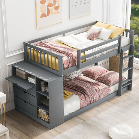 Gray Space-Saving Twin Bunk Bed with Storage Cabinet and Shelves