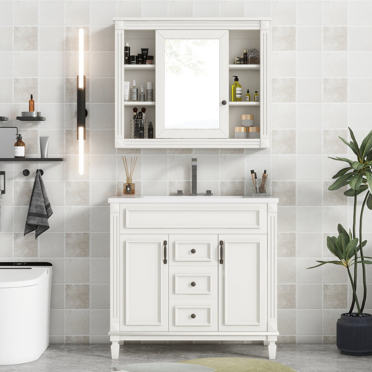 36'' Bathroom Vanity with Top Sink, White Mirror Cabinet, Modern Bathroom Storage Cabinet with 2 Soft Closing Doors and 2 Drawers, Single Sink Bathroom Vanity