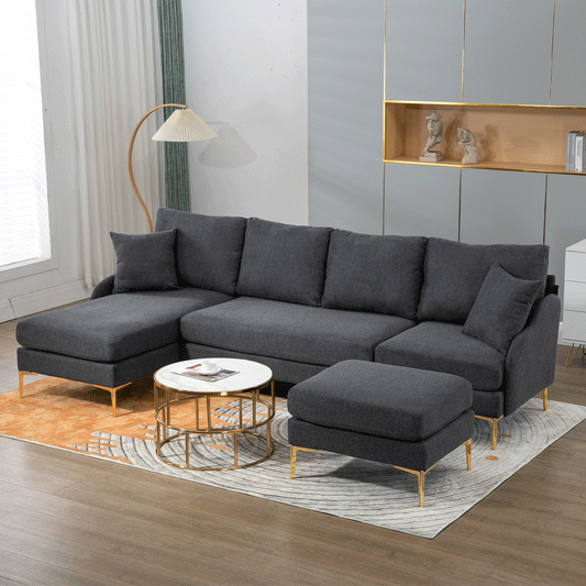 110'' Wide Reversible Sectional Sofa with Chaise and Ottoman, Charcoal Polyester Blend
