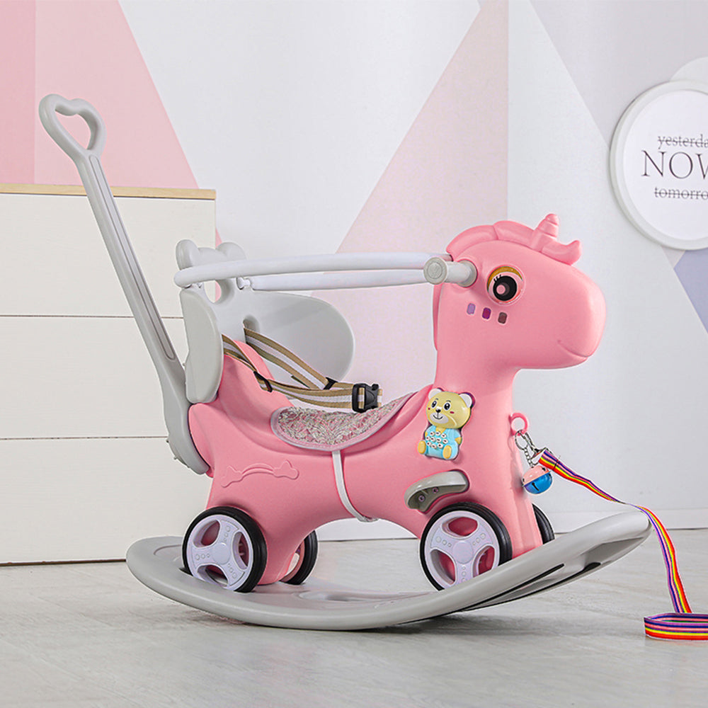 Unicorn Rocking Horse and Balance Bike for Toddlers, Pink Horse Ride On Toy with Push Handle and Backrest