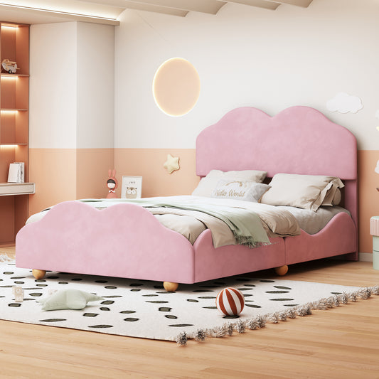 Full Size Upholstered Platform Bed with Cloud Shaped bed board, Light Pink