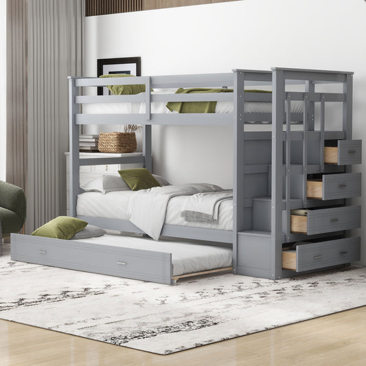 Gray Twin Bunk Bed with Trundle Staircase