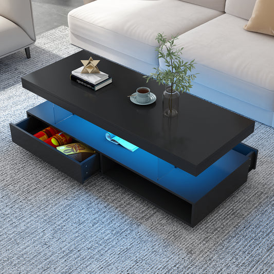 Modern Black LED Coffee Table with Storage and Display Shelves