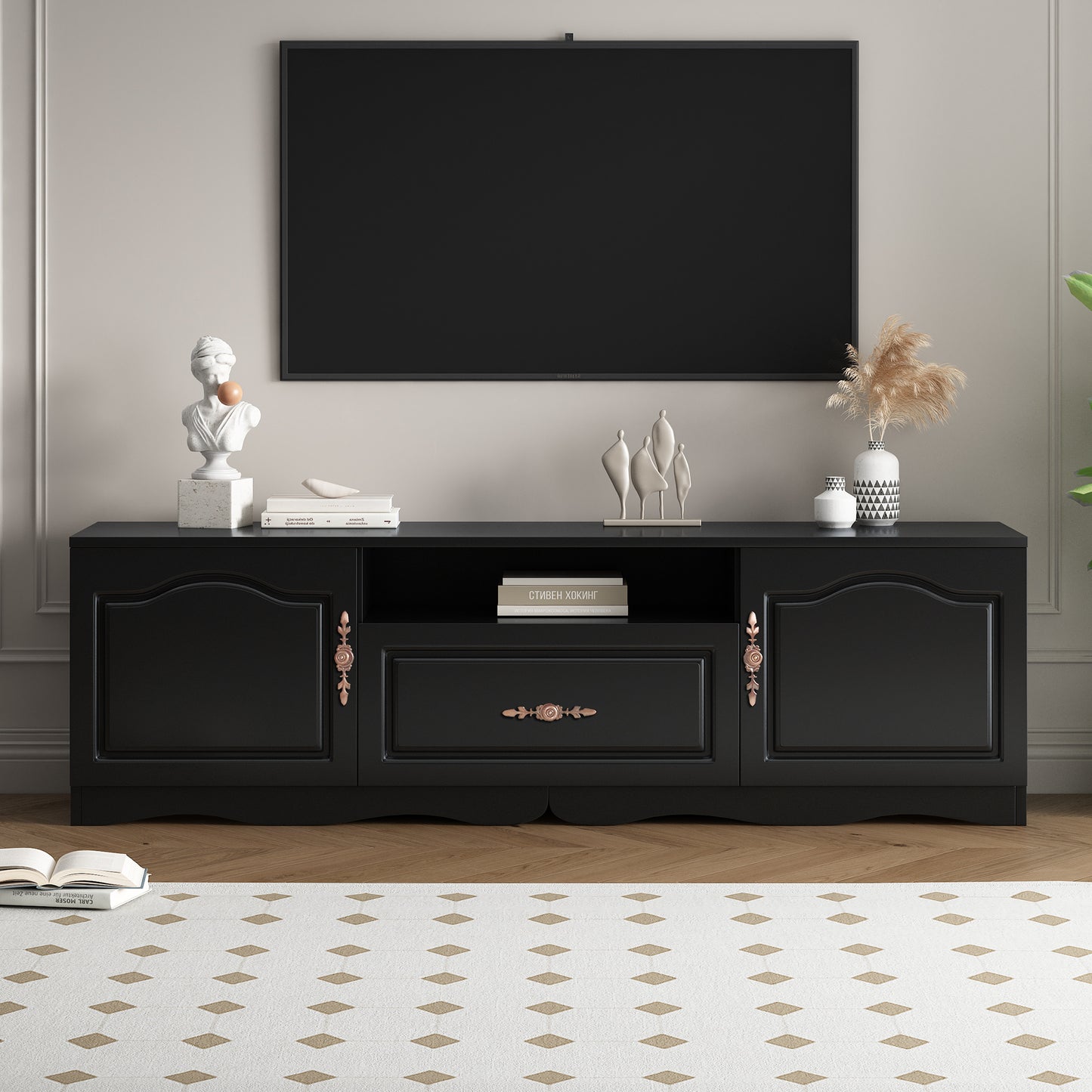 Elegant Black TV Stand with Storage for 60+ Inch TV, Modern Console Cabinet Furniture