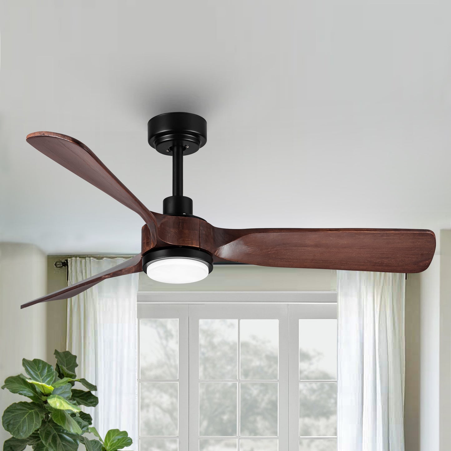 52-inch Dark Brown Wood Ceiling Fan with LED Light Kit and Remote Control