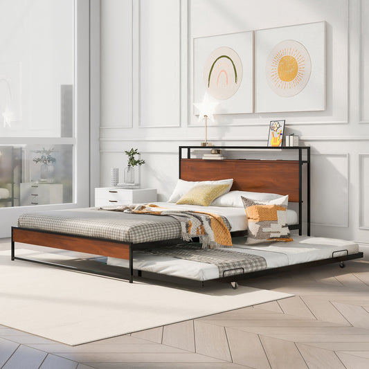 Queen Size Metal Platform Bed Frame with Trundle, USB Ports and Slat Support ,No Box Spring Needed Black