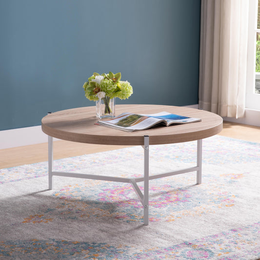 Round Weathered White Coffee Table with Metal Legs
