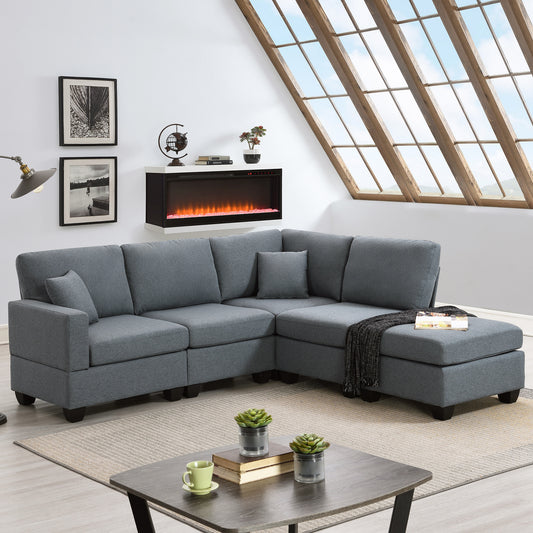 Modern L-Shaped Sectional Sofa Set with Convertible Ottoman and 2 Pillows