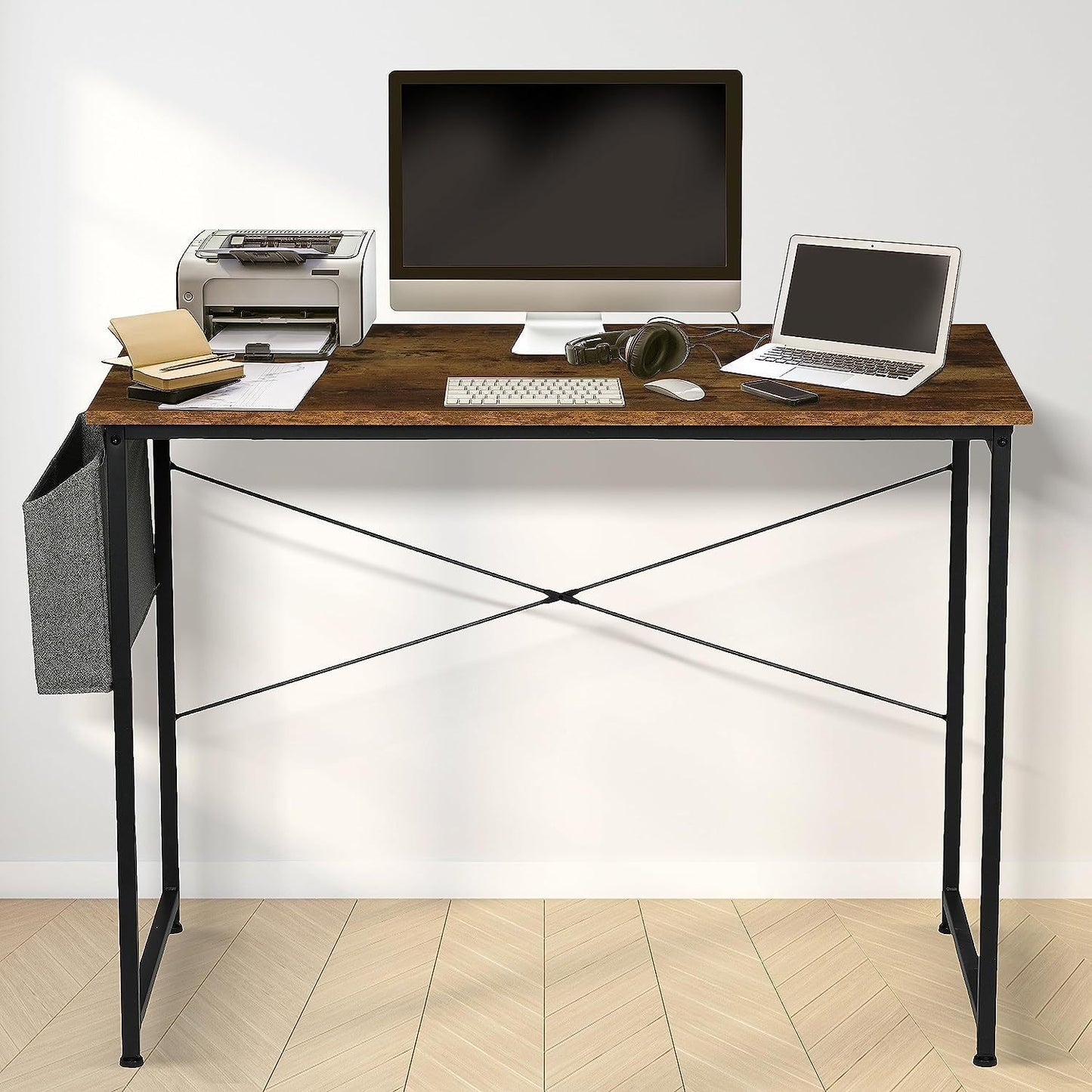 Brown 47-Inch Writing Desk with Storage Bag and Sturdy Metal Frame