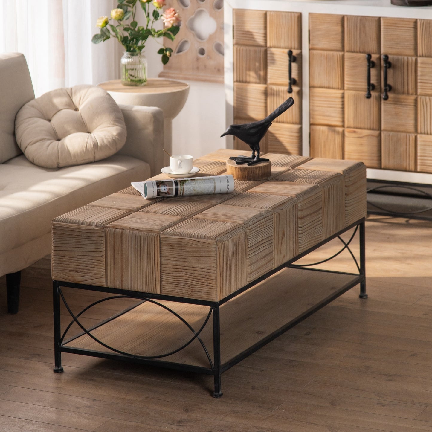 Retro Square Coffee Table with Small Grid Splicing Design