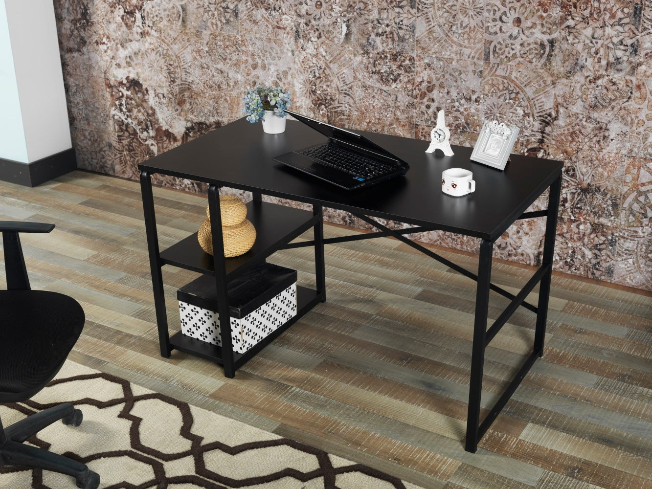 Sophisticated Black Home Office Desk with Storage Shelves and Wooden Top