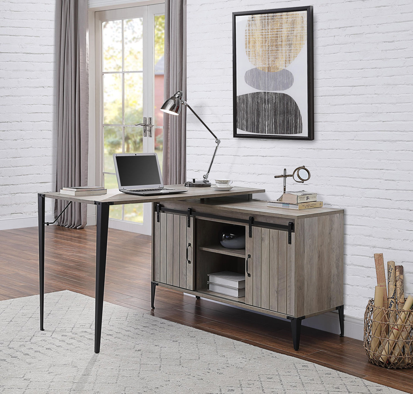 Zakwani Industrial Style Writing Desk with USB Ports, Gray Oak & Black Finish