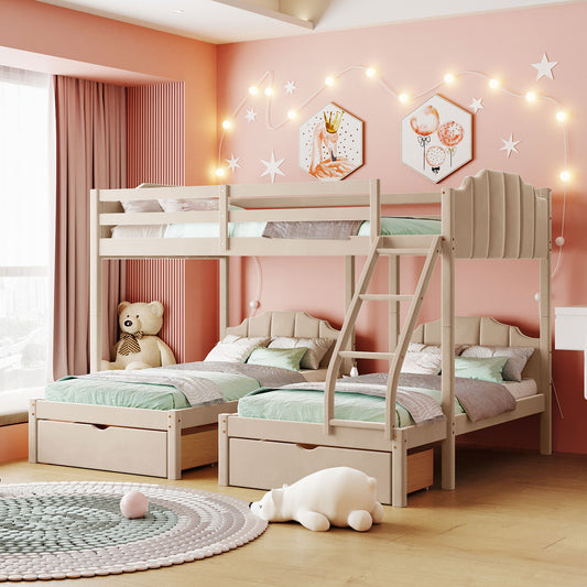 Triple Bunk Bed with Full Lower Bed, Twin Upper Bed, Velvet Finish, Beige - Space-Saving Triple Bed with Full, Twin, and Velvet Touch