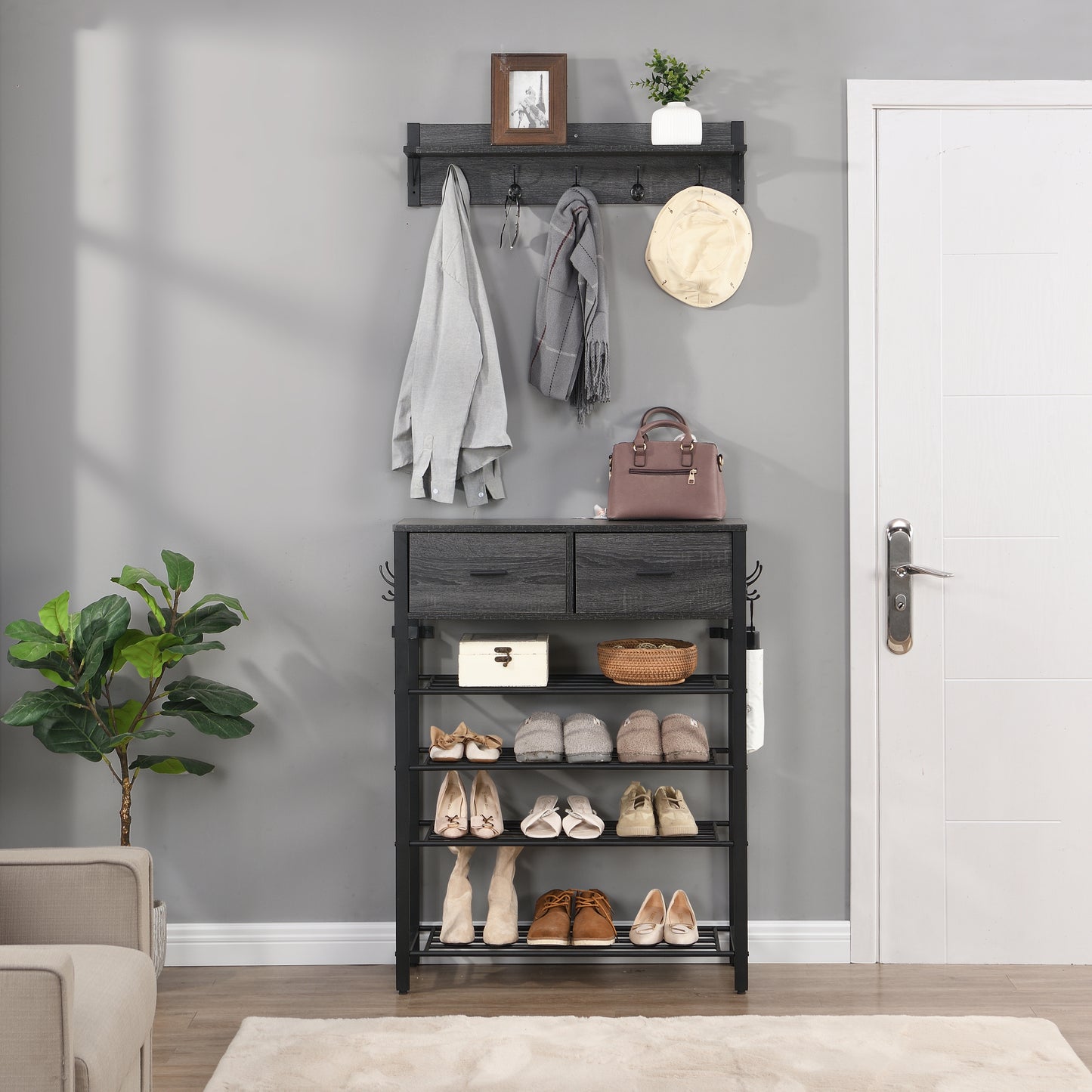 Entryway 4-tier Shoe Shelf with Two Drawers and Coat Rack, One Set Entryway Show Rack with Storage and Hooks