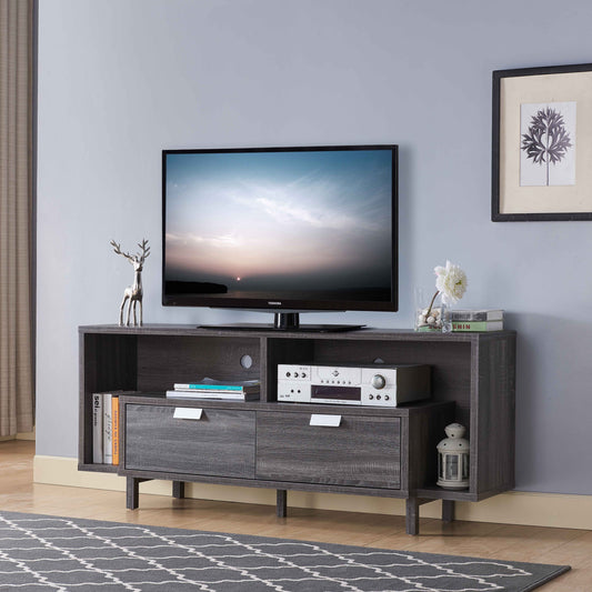 Grey TV Stand with Two Drawers, Open Shelving, and Wire Management